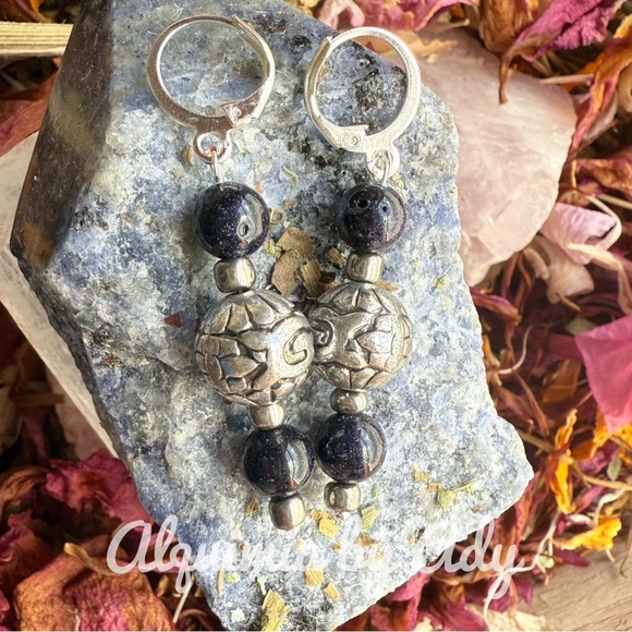 Silver and Navy Blue sandstone gemstone Beaded Earrings
